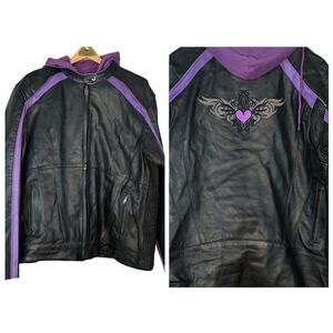 UNIK WOMENS LEATHER JACKET Cafe Moto Zip In Hoodie Purple Black Embroidered 5X